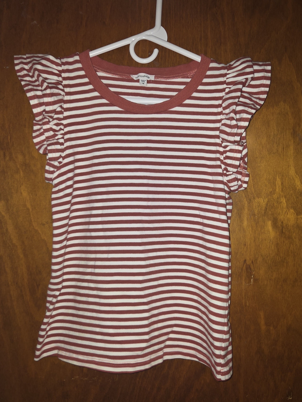 Mittoshop Terracotta White Striped Flutter Sleeve Ruffle Top Size M